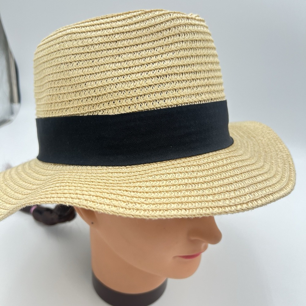 The Hatter Company Straw Sun Hat Wide Brim Natural Black Ribbon Women's One Size